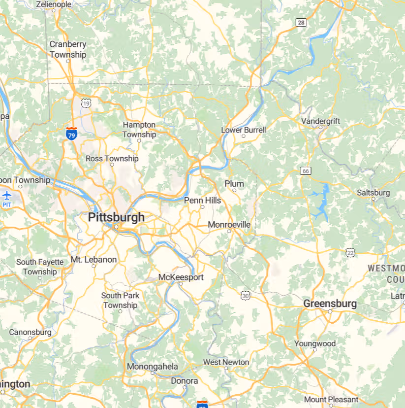 Map of Pittsburgh and nearby towns including Greensburg, Monroeville, and Mt. Lebanon in Pennsylvania.